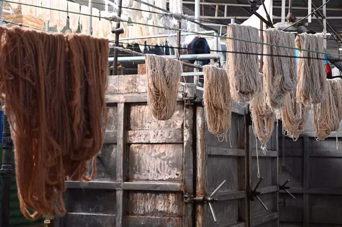 Wool dyeing on a small scale using dipping techniques with fibres hanging out to dry